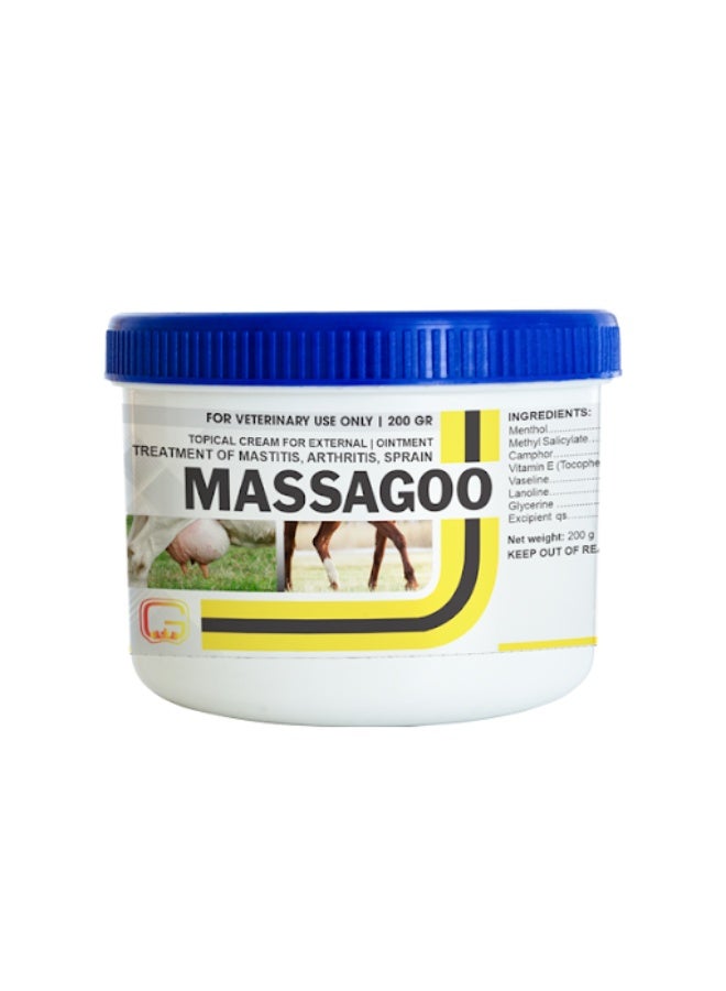 مساجو - كريم موضعي لعلاج إلتهابات الضرع، التهابات المفاصل و اللإلتواءات الناتجة عن التدريب الشاق و بعد السباق - للخيول، الجمال و الماشية - 200جم